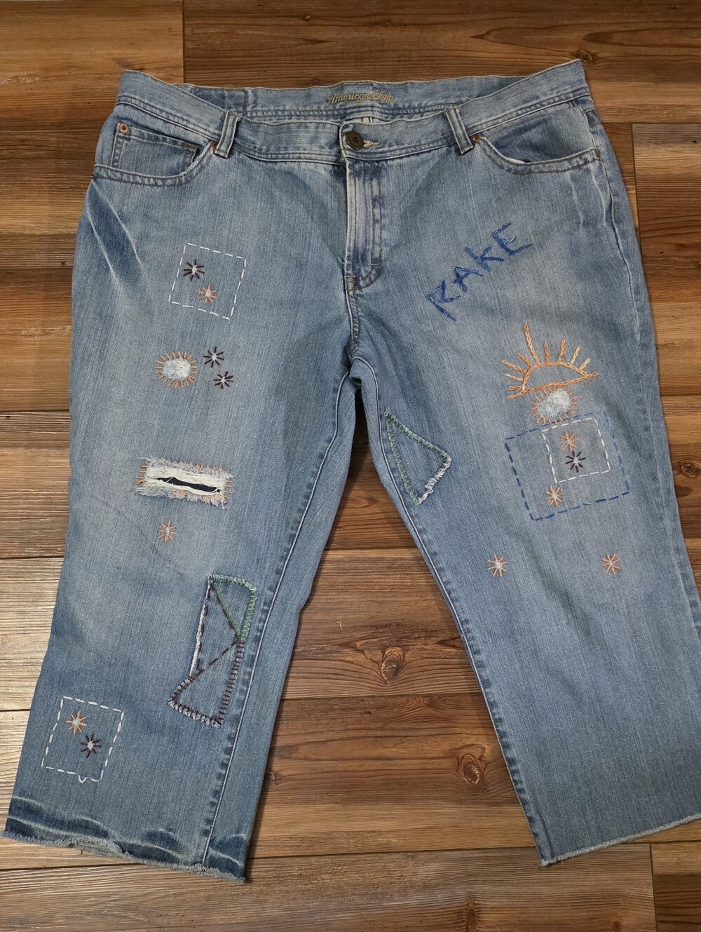 Rare Vintage American Eagle Reworked Jeans Sz 18 Hand-Embroidered Celestial Boho